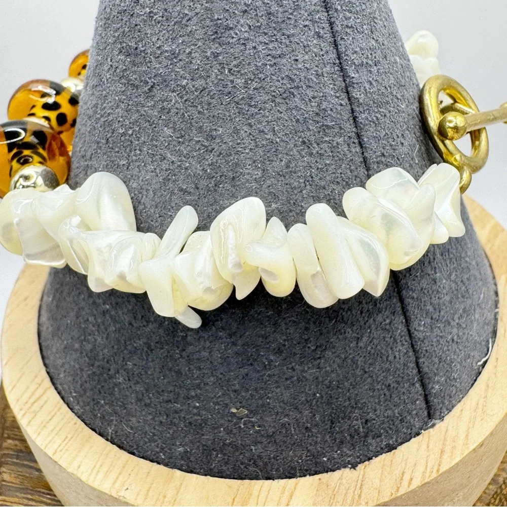 Mother of Pearl and glass leopard print bead toggle closure bracelet